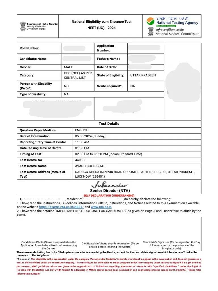 NEET Admit Card Sample